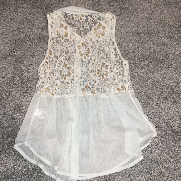 sheer top with gold and white lace button up collared top - Picture 4 of 5